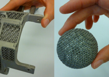 3Dプリンターでは、金属原料をレーザーや電子ビームで溶融し積層していくことによって立体のものを造型することができます。右の写真では、球体の中にさらに丸いボールが入っていること、左の写真では、軽くて丈夫な構造の部品を精密に作り出していることがお分かりになると思います。すべてコンピュータの設計データから製造されたものです。 2014_05